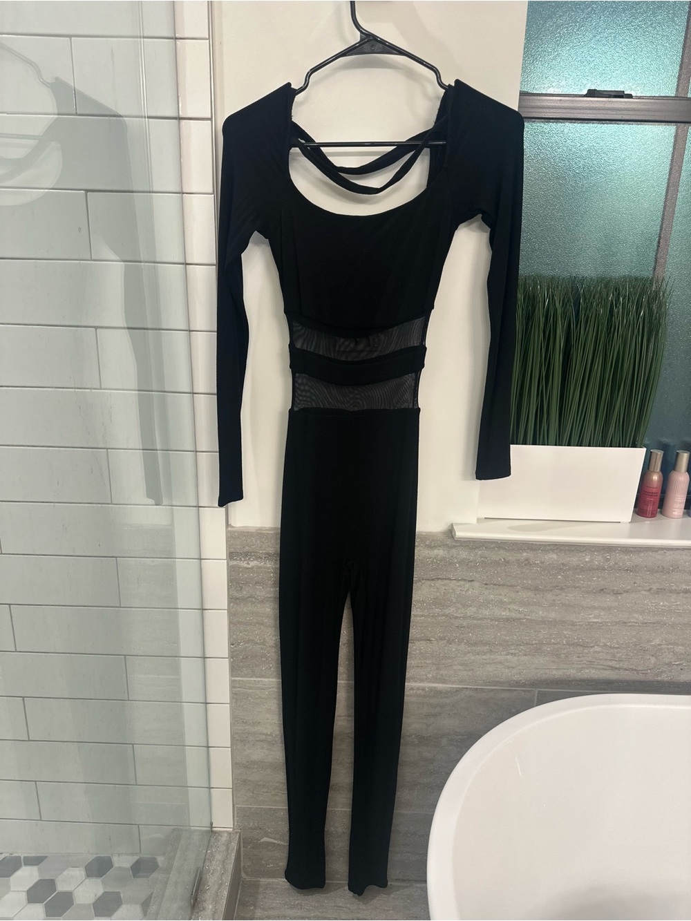 Black Long Sleeve Cutout Jumpsuit with Mesh Waist